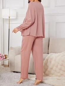Moonlight&Mama 純色寬鬆喇叭袖前開襟V領孕婦居家服套裝 - 粉色 - 查看 2
