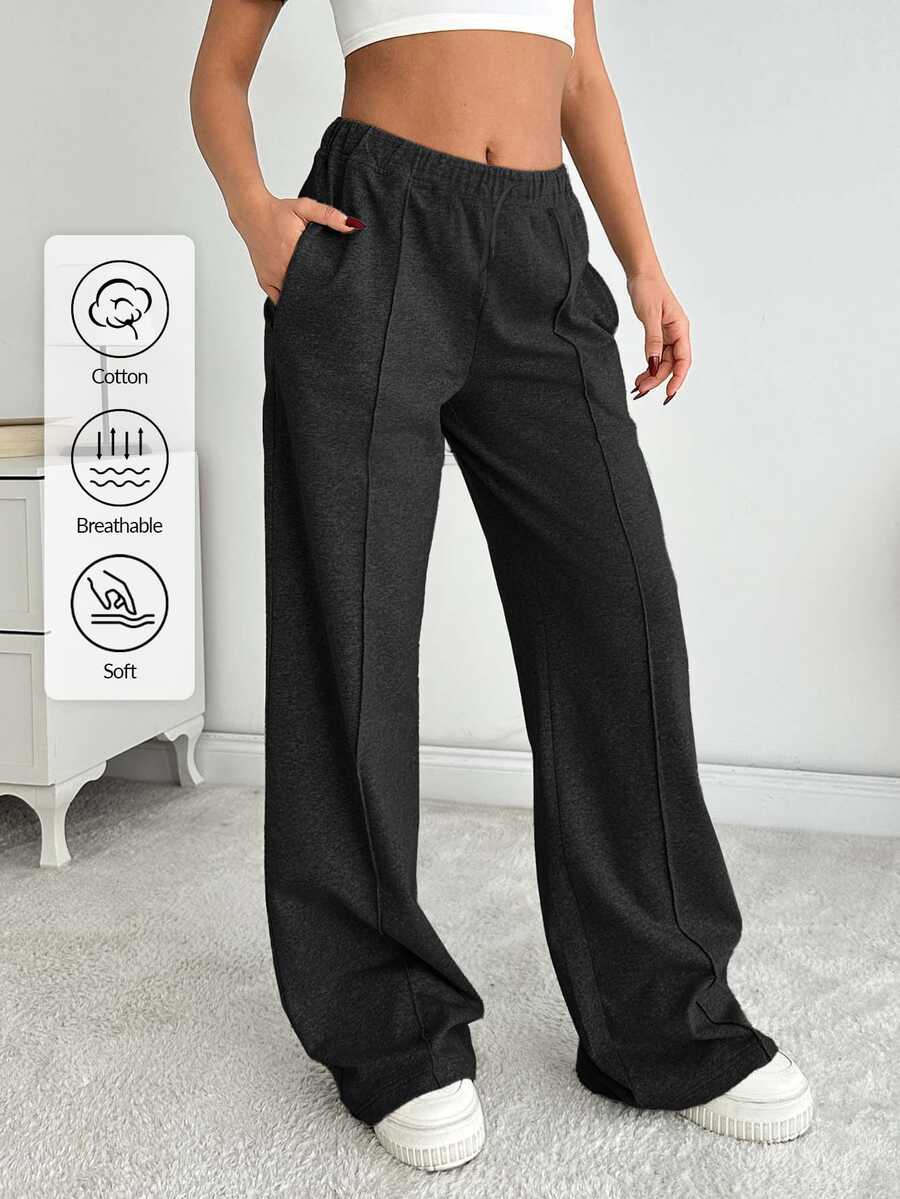 SHEIN Women Solid Color Mid Waist Straight Sweatpants - Black - View 1