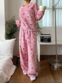DAZY Set Piyama Wanita Atasan Lengan Panjang dan Celana Berbahan Plush dengan Motif Pita - Berwarna merah muda - View 9