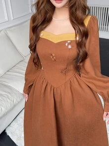 Feyla Women's Floral Embroidered Pleated Casual Party Summer Midi Dress - Brown - View 8