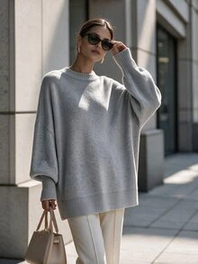 SHEIN Sweater Wanita Warna Polos Minimalis Serbaguna Lengan Panjang untuk Pemakaian Sehari-hari - Grey - View 4