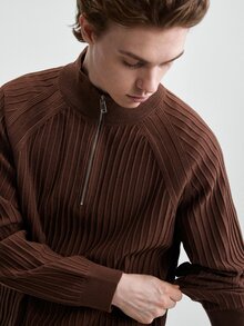 RONVEXI Men's Fashion Textured Zipper Half-Placket Long Sleeve Sweater - Coffee Brown - View 2