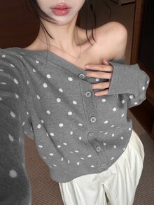 DAZY Women's Korean Style Jacquard Single-Breasted Asymmetrical Shoulder Knit Cardigan - Grey - View 8