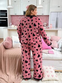 Slumberry CURVE طقم بيجامة مريح من الفرو الناعم بمقاس كبير مع جيب قلب وأزرار وتصميم ألوان متباينة حلو - وردي - مشاهدة 2