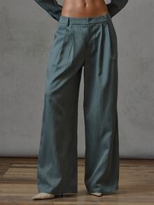 MUSERA Quần ống rộng xếp ly kẻ sọc phong cách may đo, mặc thường ngày casual mùa thu đông, đi học - xanh quân đội - Xem 4