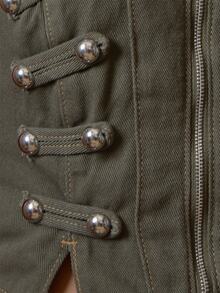 MUSERA Khaki Denim Halterneck Military Detail Top Fall Winter Everyday Causal Going Out Cool Girl Festival Forces - Army Green - View 6