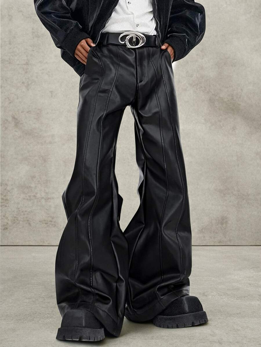 PAVTROS Men's Solid Color Pocket Flared Leather Pants, Casual Style - Black - View 1