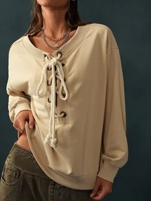 Bohemela Women's Round Neck Drawstring Tie Long Sleeve Solid Color Sweatshirt Everyday Beige Autumn Casual Streetwear - Apricot - View 3