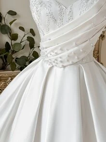 Lovelzi Elegant Luxurious White Sequin Embroidered Patchwork Satin Handmade Sequins Decor Strapless Asymmetric Bubble Hem Wedding Gift Party Dress - White - View 7