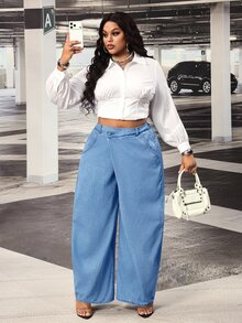 Slaydiva Jeans Plus Pinggang Tinggi Kaki Lebar - Biru - View 6