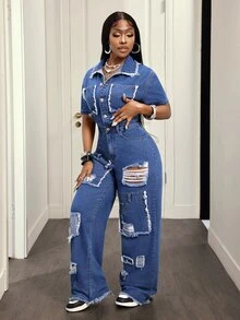 SHEIN Tall Women's Short Sleeve Raw Edge Single-Breasted Distressed Wide Leg Denim Jumpsuit - White - View 3