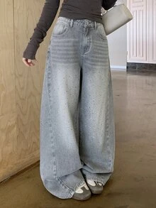 DAZY 女款破舊水洗漂白水鑽裝飾寬鬆寬腿牛仔長褲 休閒度假街頭日常韓系秋冬長褲 - 灰色 - 查看 2