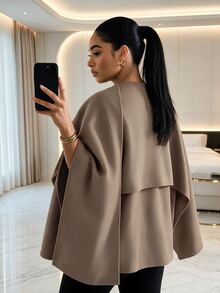 SHEIN Lady Plus Size Women's Solid Color Casual Versatile Daily Overcoat Winter - Brown - View 2