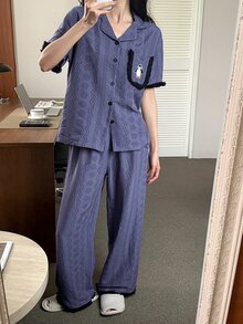 DAZY Fog Blue Women's Summer Pajama Set, 2-Piece Set With Tassel Trim, Pocket, Penguin Print, Lapel Collar, Short Sleeve Cardigan And Long Pants - Blue - View 6
