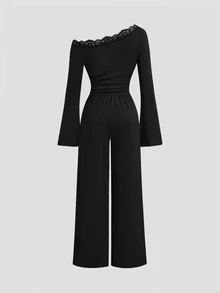 SHEIN PETITE Women's Black Casual Minimalist Comfortable Versatile Asymmetrical Shoulder Lace Patchwork Flared Sleeve Ruched Slim Fit Jumpsuit - Black - View 2