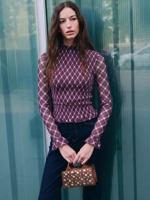 Nöista SMOCK PLAID MESH Stand Collar Flare Sleeve TOP - Burgundy - View 5