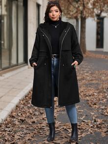 Reflora Women Plus Size Autumn/Winter Loose Waist Drawstring Mid-Length Jacket - Black - View 1