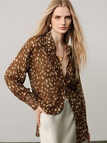 Aveloria Modichic Blus Chiffon Longgar Kerah Kancing Depan Lengan Panjang Semi Transparan Elegan Cokelat Motif Bintik Macan Tutul Tidak Beraturan Pakaian Musim Gugur untuk Wanita Thanksgiving - MultiWarna - View 5
