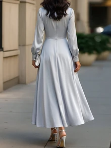 Vavine Women's Elegant Silver Satin Dress For Autumn, Summer Evening Gown, Ruched Waist Smooth Fabric, Pearl Button Decor, Graduation Party Dress, Women's Gold Satin Cowl Neck Top, Elegant Autumn Party Evening Dress, Long Sleeve Silky Dress, Slimming Dress, Fashionable Work Dress, Wedding Guest Dress - Grey - View 2