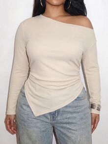 SHEIN LUNE Fashion Casual Apricot Ribbed Basic Asymmetrical Shoulder Asymmetric Hem Ruched Waist Plus Size T-Shirt - Apricot - View 1