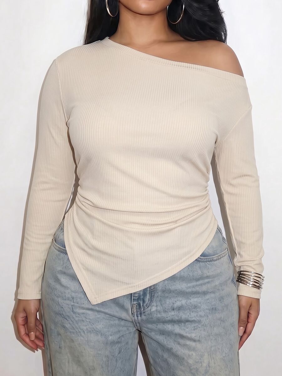 SHEIN LUNE Fashion Casual Apricot Ribbed Basic Asymmetrical Shoulder Asymmetric Hem Ruched Waist Plus Size T-Shirt - Apricot - View 1