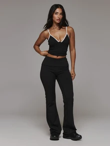Musera Sport Fold Over Waist Fitted Flare Logo Back Active Leggings Sport Essentials Gym Workout Basics Autumn Fall Winter - Black - View 1