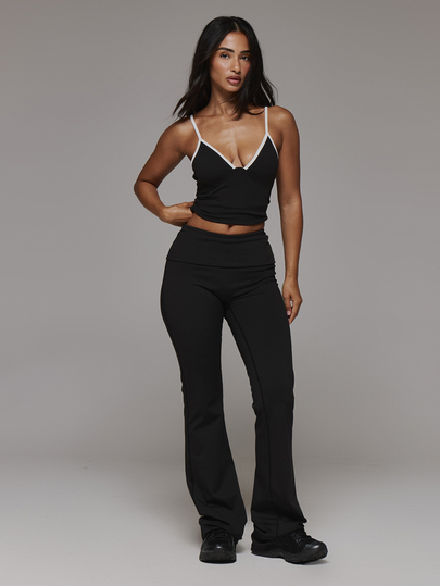 Musera Sport Fold Over Waist Fitted Flare Logo Back Active Leggings Sport Essentials Gym Workout Basics Autumn Fall Winter