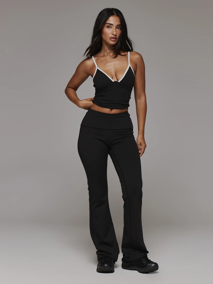 Musera Sport Fold Over Waist Fitted Flare Logo Back Active Leggings Sport Essentials Gym Workout Basics Autumn Fall Winter - Black - View 1