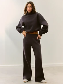 GLOWMODE Cozy Street Collection 日常抓絨大寬腿褲，寬羅紋腰頭，休閒日常秋冬穿著 - 棕色 - 查看 7