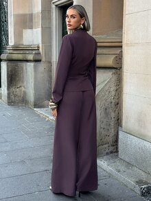 Aloruh Women's Halter Neck Ribbon Metal Decor Button Top And Wide Leg Pants Suit Set - Coffee Brown - View 2