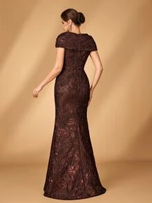 Serin Gaun Pengantin dan Ibu Warna Kopi Elegan Mewah Bahu Terbuka Pas Badan dengan Kelim Mermaid Cocok untuk Semua Acara Formal - Coffee Brown - View 6