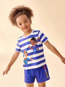 Blippi X SHEIN Young Girl Striped Round Neck Short Sleeve T-Shirt And Shorts Set - Purple - View 4