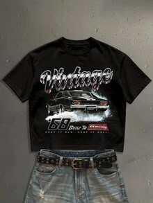 StoneGrade 美式復古肌肉車賽車海報圖案印花 男款黑色標準尺寸短版寬鬆短袖T恤 - 黑色 - 查看 1