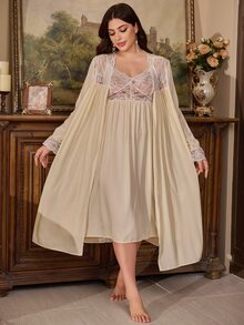 PalaceNights Plus Size Women Lace Patchwork Camisole Nightgown & Long Sleeve Top Loungewear Set - Apricot - View 2