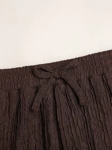 SHEIN 青少年女孩秋冬春季寬鬆休閒極簡舒適針織紋理圓領抽繩腰蕾絲拼接2合1長袖T恤與長褲兩件套，返校穿搭，日常穿著，棕色針織套裝 - 棕色 - 查看 6