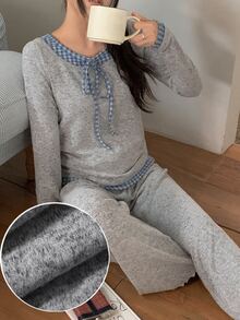DAZY 2pcs/Set Women's Plaid Patchwork Contrast Color Long Sleeve T-Shirt & Straight Leg Long Pajama Pants Sleepwear Set - Grey - View 3