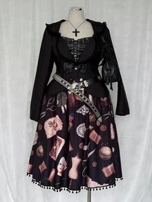Sunspun Plus Size Fashion Dark Doll Print Tassel Decor Skirt Fall - Black - View 3