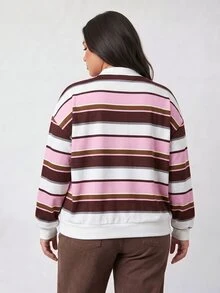 Solavibe Plus Size Colorblock White Chocolate Brown Polo Collar Long Sleeve Sweatshirt Casual Elegant Winter Fall Birthday Formal Party Homewear - Pink - View 3
