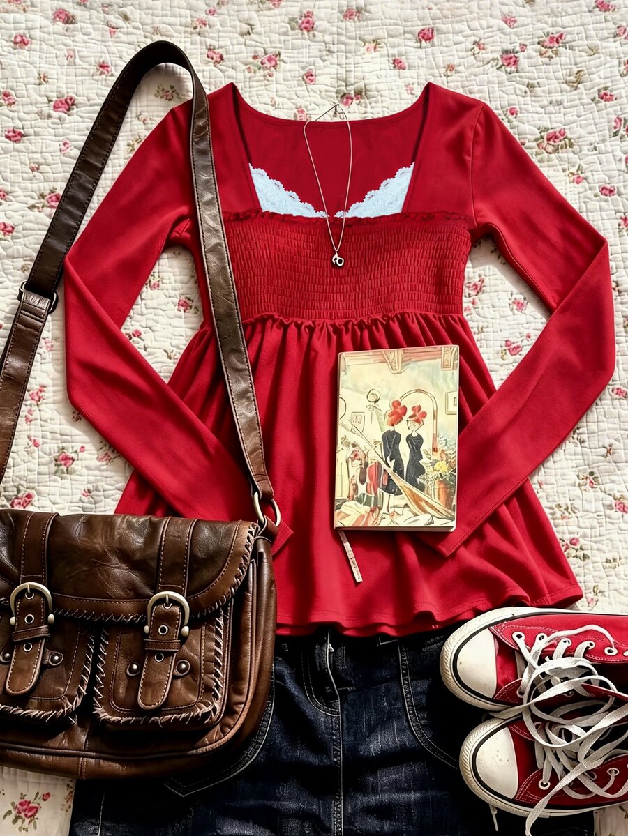 IslaSuriya Women's Long Sleeve Solid Color T-Shirt, Autumn - Red - View 1