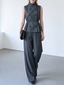 Lumivelle Old Money Style Stand Collar Double-Breasted Waist-Cinching Vest & Wide-Leg Pants 2 Pieces Set For Women, Elegant Outfit - Dark Grey - View 6