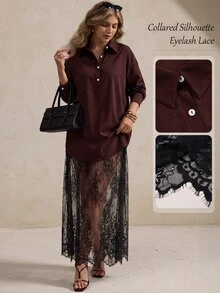 Elegantrix Plus Size Black Plus Size Shirt Dress With Sheer Lace Maxi Skirt, Elegant Long Sleeve Layered Outfit For Daily Fall - Chocolate Brown - View 4
