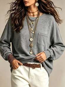 Glimmora Women's Simple Versatile Pocket Long Sleeve T-Shirt For Daily Commute - Grey - View 4