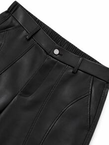 PAVTROS Men's Solid Color Pocket Flared Leather Pants, Casual Style - Black - View 4