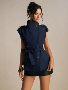 Poéselle Women's Solid Color Waist Tie Casual Versatile Trench Coat Jacket - Navy Blue - View 5