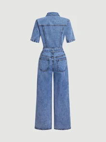Sweetra Women's Casual Everyday Denim Jumpsuit With Turn-Down Collar - Blue - View 2