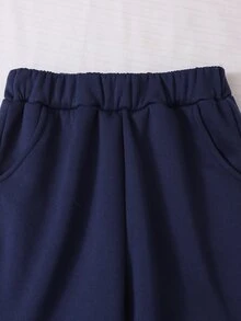 SHEIN Explorewe 3件組青少年女孩休閒校園運動衫套裝，白色字母印花、藍色卡通圖案、藍色羅紋、2個口袋，適合上學、外出、散步、旅行 - 藏蓝色 - 查看 6