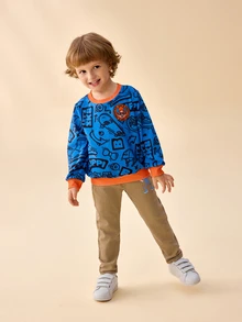 Blippi X SHEIN Young Boy Elastic Waist Drawstring Solid Color Denim Jeans - Apricot - View 7