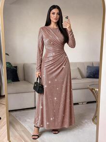 SHEIN Lady Plus Size Women's Shiny Pleated Elegant Waist-Cinched Party Dress - Brown - View 4