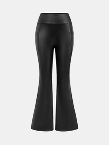 Tween Girl Autumn/Winter PU Black High Waist Elastic Compression Leggings, Snug Fit Tummy Control Yoga Pants - Black - View 7