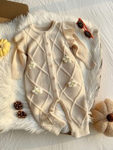 SHEIN 1pc Toddler Baby Girl Infant Chic Cable Knit Floral Ruffle Long Sleeve Jumpsuit Soft Thick Sweaters Jumpers Pull Fall Clothes Christmas Holiday Winter - Dusty Pink - View 1